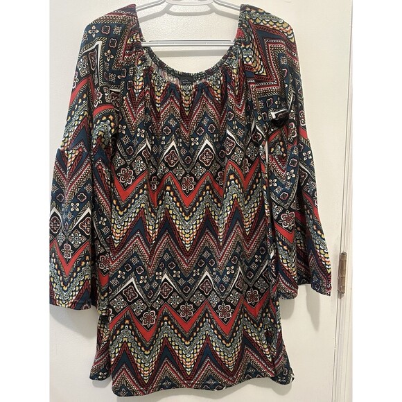 Win-Win Bell Sleeve Off Shoulder Chevron Print Multi Colored Tunic Blouse L/XL - Picture 1 of 7